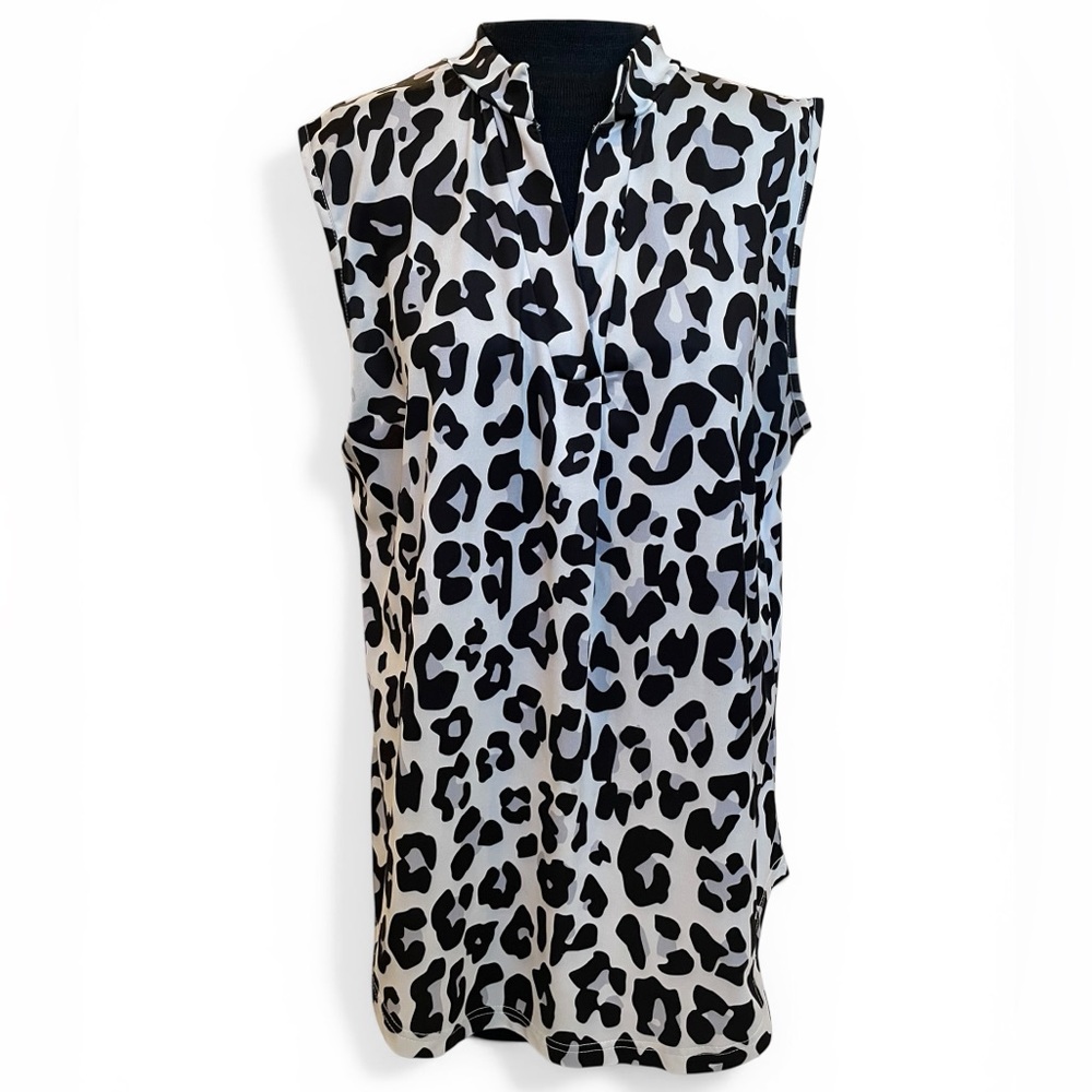 LoveU.Dear Black & White Leopard Print Sleeveless Collared Blouse Top (Size XL)